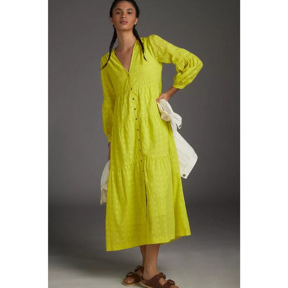 Anthropologie Viola Cotton Yellow Tiered Oversized Maxi Dress Size Small - Picture 1 of 5